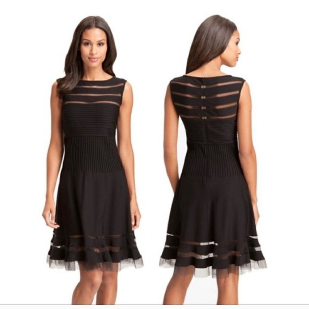 Tadashi Shoji Sexy Black Evening Dress with Mesh Panels Size M